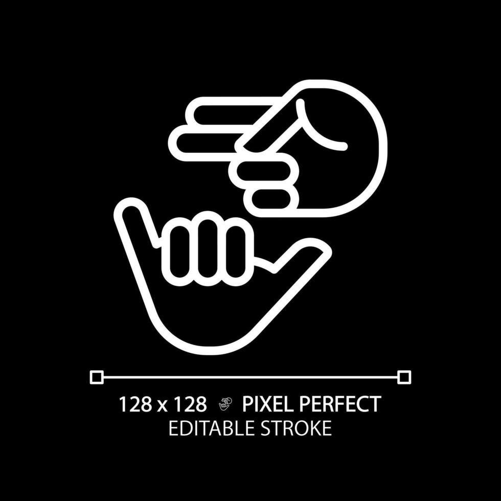 Deaf sign language white linear icon for dark theme. Nonverbal communication. Hearing loss community service. Deaf asl learning. Thin line illustration. Isolated symbol for night mode. Editable stroke vector