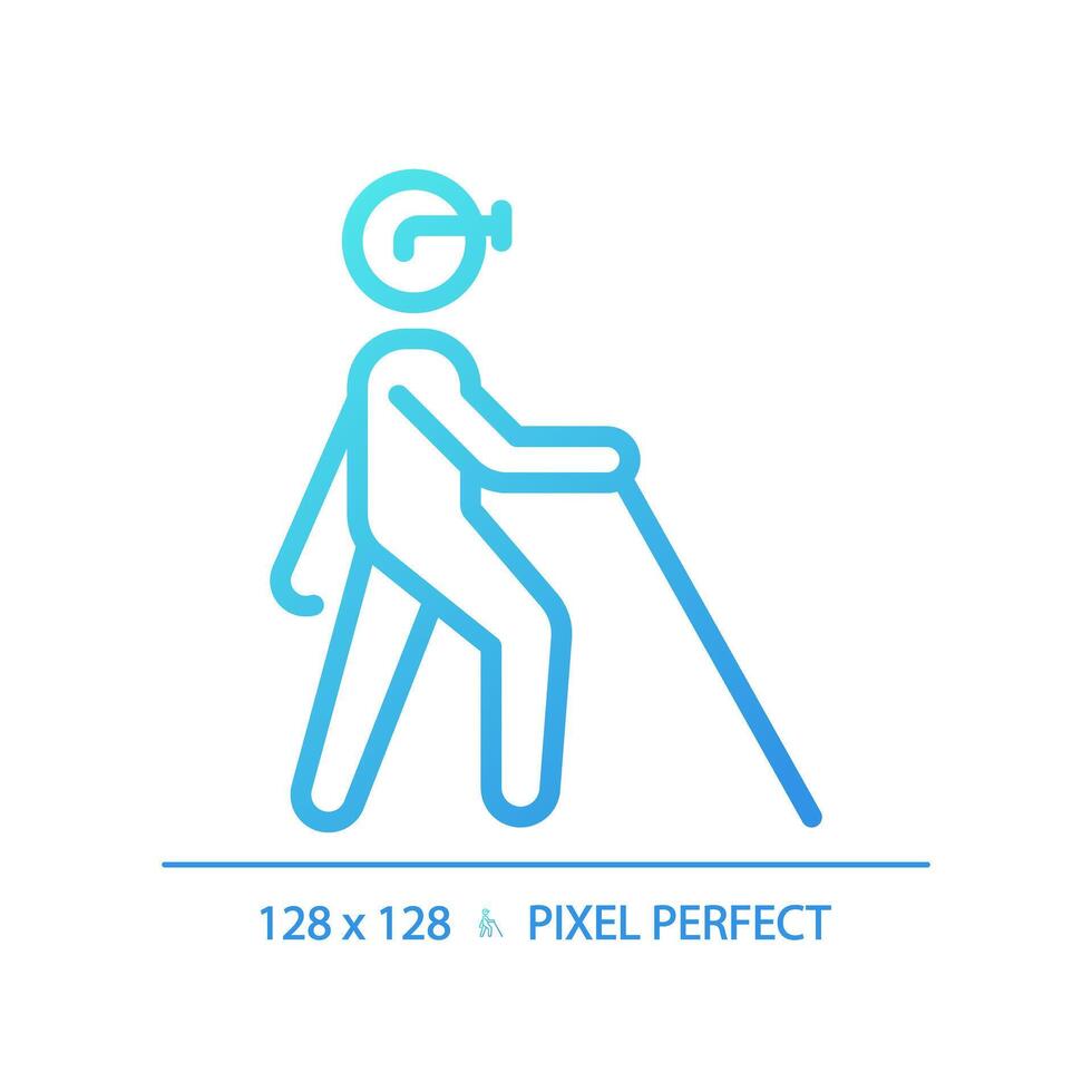 Blind with cane gradient linear vector icon. Vision loss, walking stick. Disabled person. Blindness diagnose. Thin line color symbol. Modern style pictogram. Vector isolated outline drawing