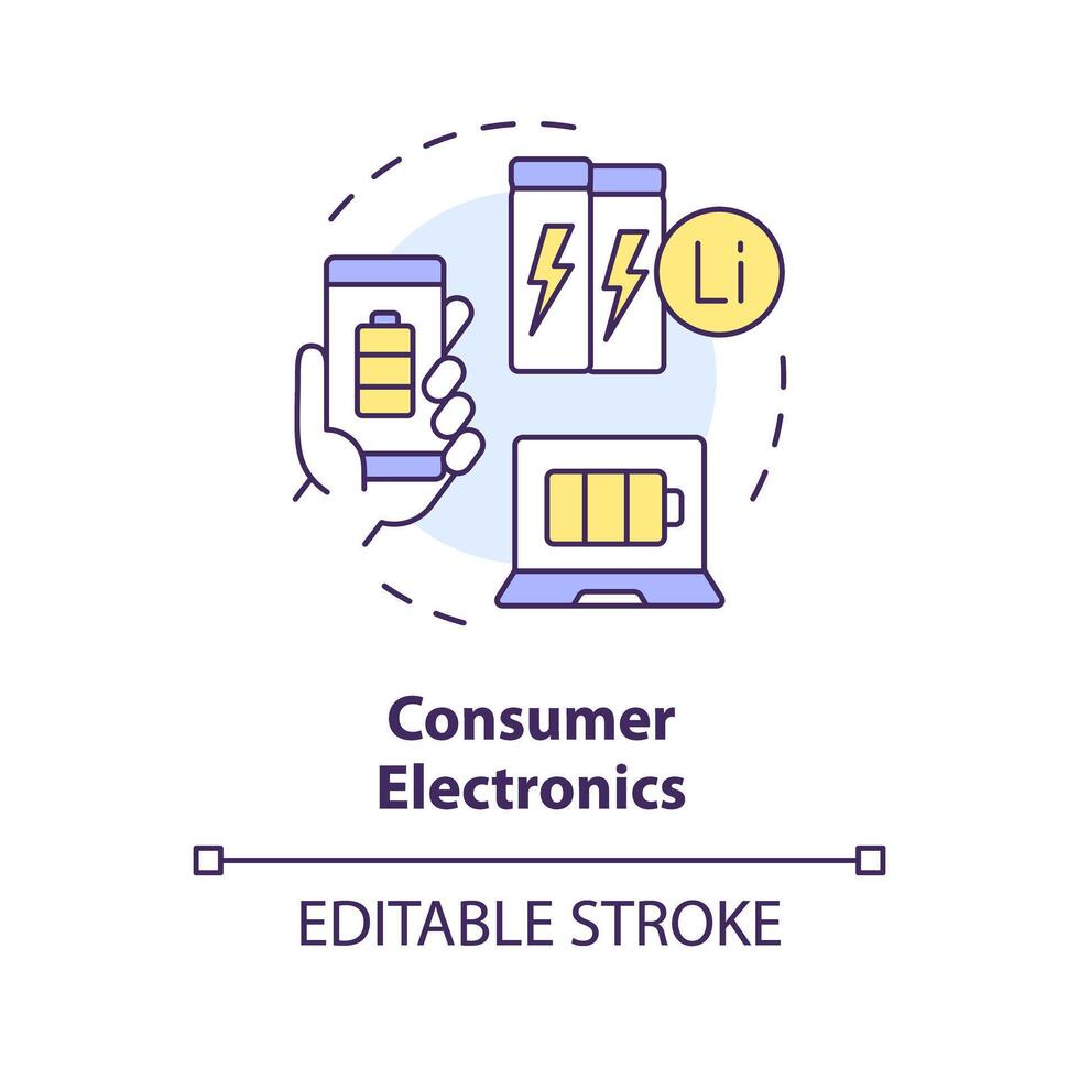 Consumer electronics multi color concept icon. Portable lithium ion batteries. Safe energy solution. Round shape line illustration. Abstract idea. Graphic design. Easy to use in brochure, booklet vector