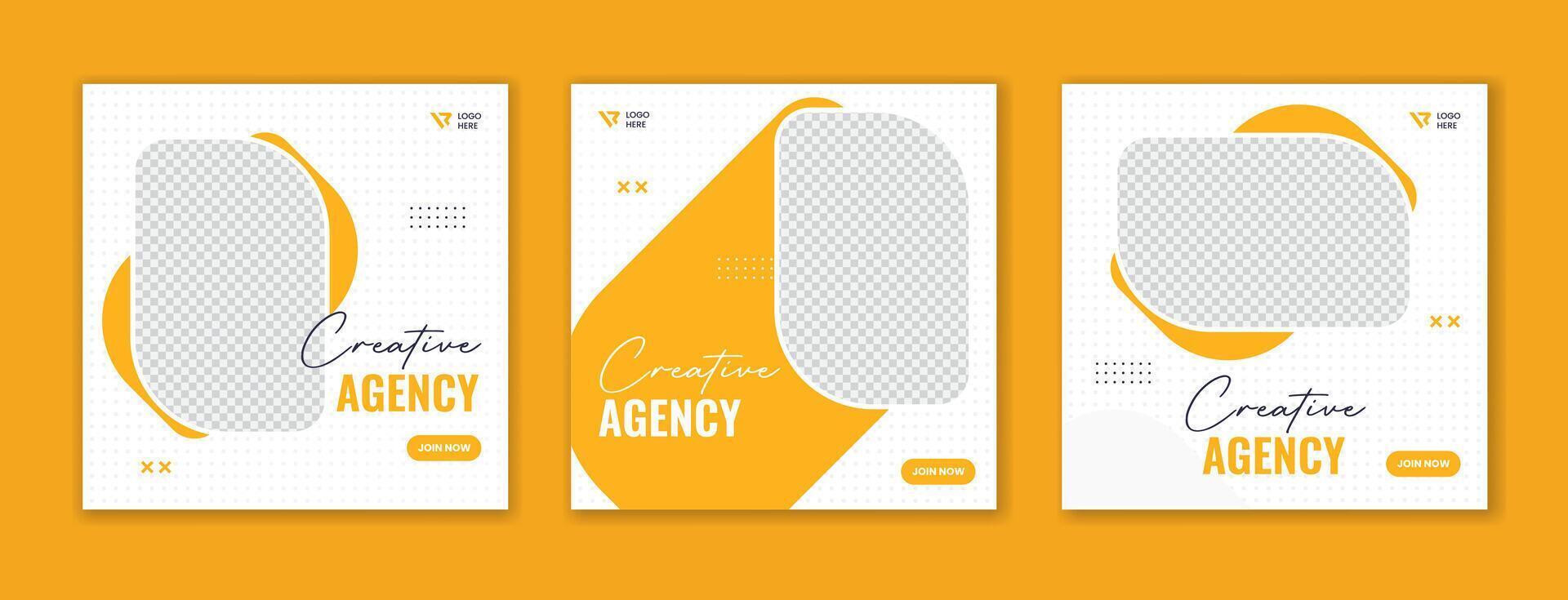 Set of yellow corporate social media post design, unique shape square template layout vector