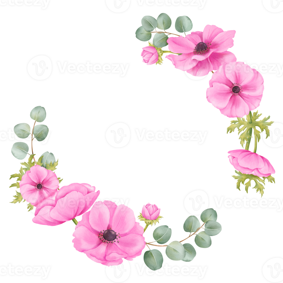 A vibrant circular frame composed of pink anemones, lush greenery, and delicate eucalyptus branches. for invitations, greeting cards, posters, and social media graphics, touch of elegance and charm png