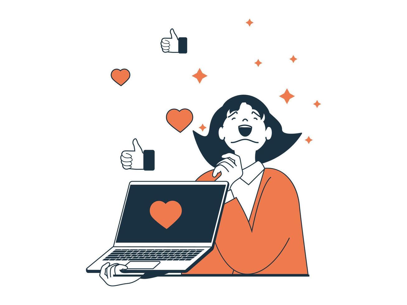 Internet addiction concept with character situation. Excited woman has networking unhealthy habit, getting likes and comments on her post. Vector illustration with people scene in flat design for web
