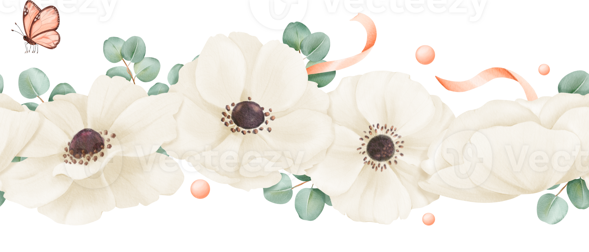 A seamless border delicate white anemones, eucalyptus leaves, adorned with ribbons, rhinestones and butterflies. watercolor illustration for wedding invitations, greeting cards or design projects png