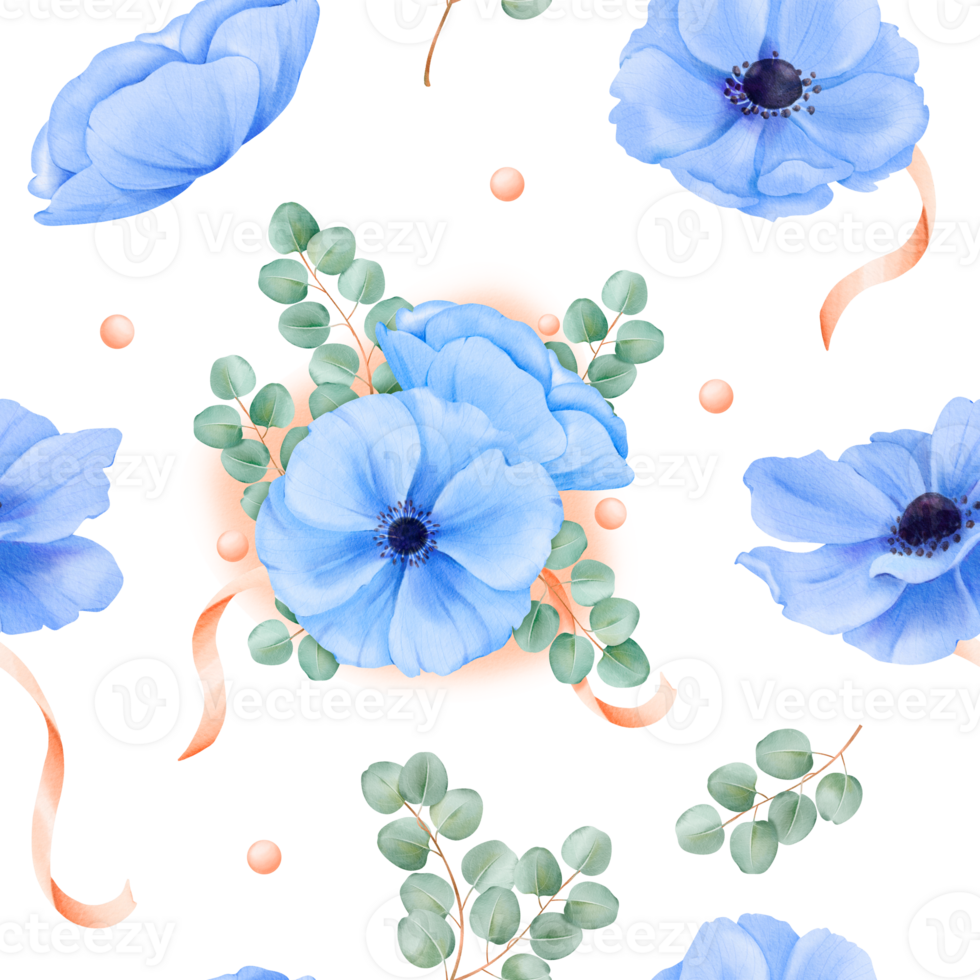 A seamless pattern watercolor floral. blue anemones, satin ribbons, sparkling rhinestones eucalyptus leaves. for fabric prints, digital wallpapers, stationery designs, and decorative artworks png