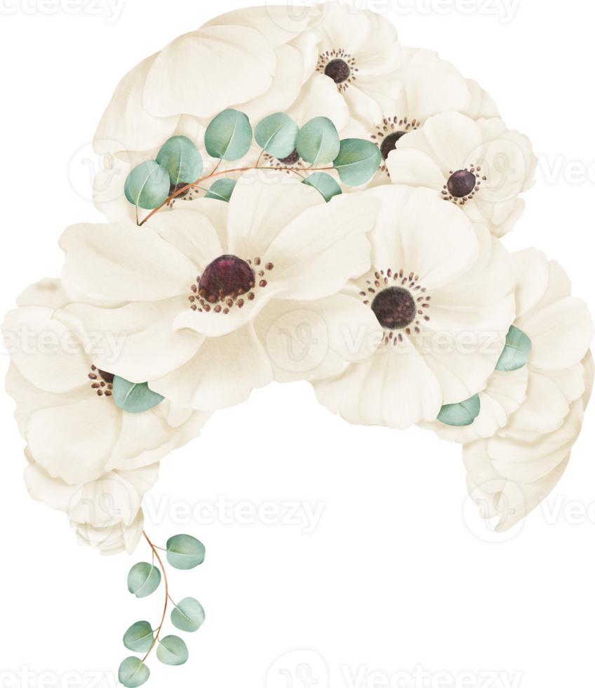 ein Frau Frisur geschmückt mit zart Elfenbein Aquarell Anemonen, geeignet zum Bilder Gastronomie zu Braut, Schönheit, Mode, und botanisch Themen png