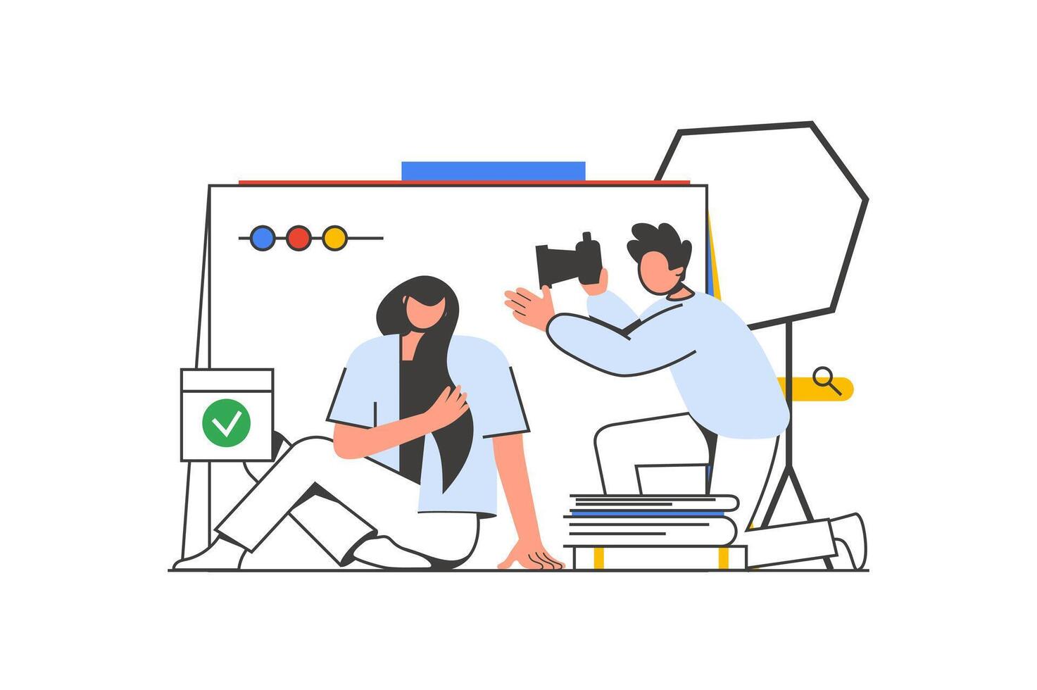 Photo studio outline web concept with character scene. Woman posing for photographer at profession shoot. People situation in flat line design. Vector illustration for social media marketing material.