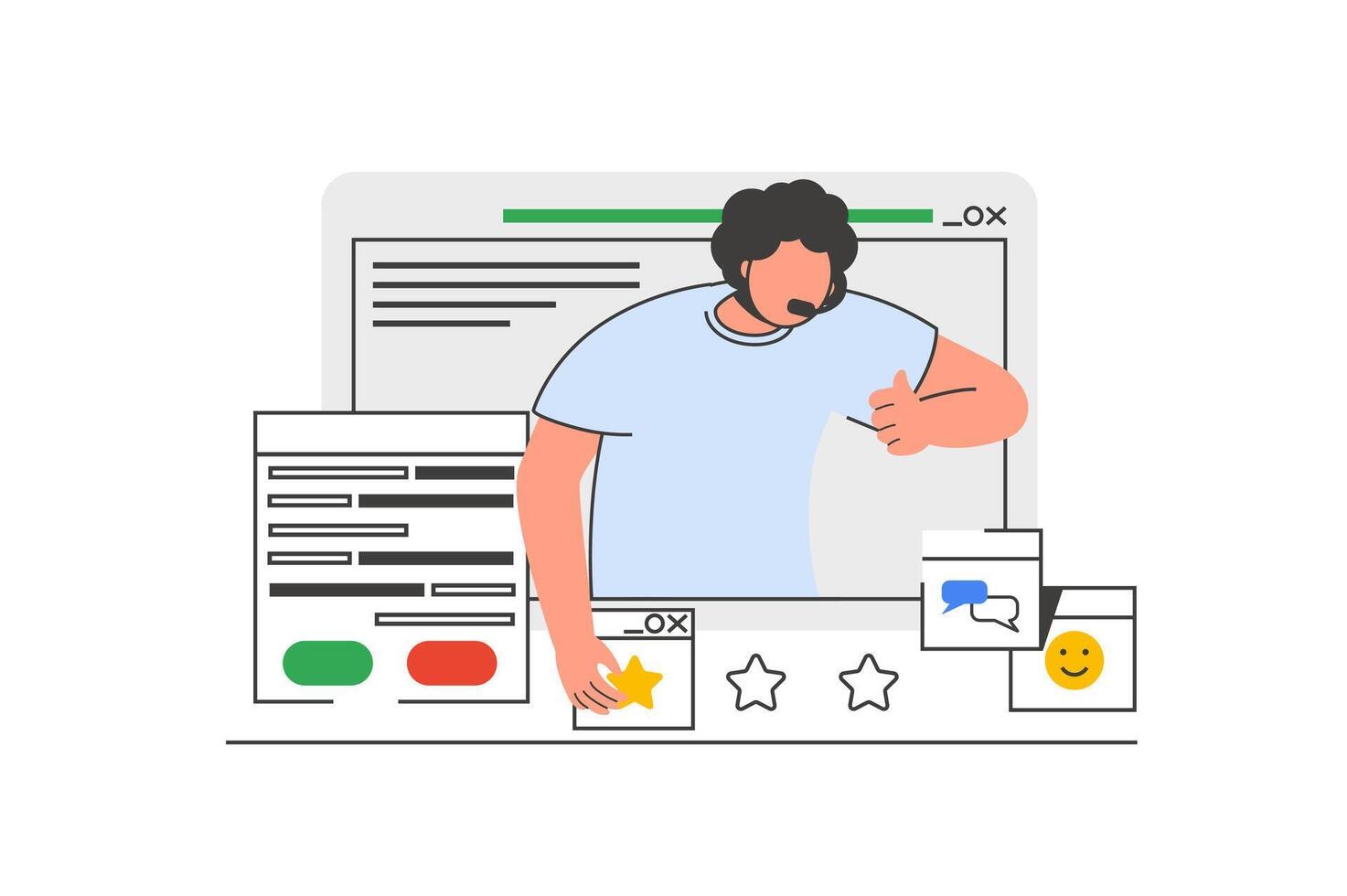 Virtual assistant outline web concept with character scene. Man replying to clients messages and calls. People situation in flat line design. Vector illustration for social media marketing material.