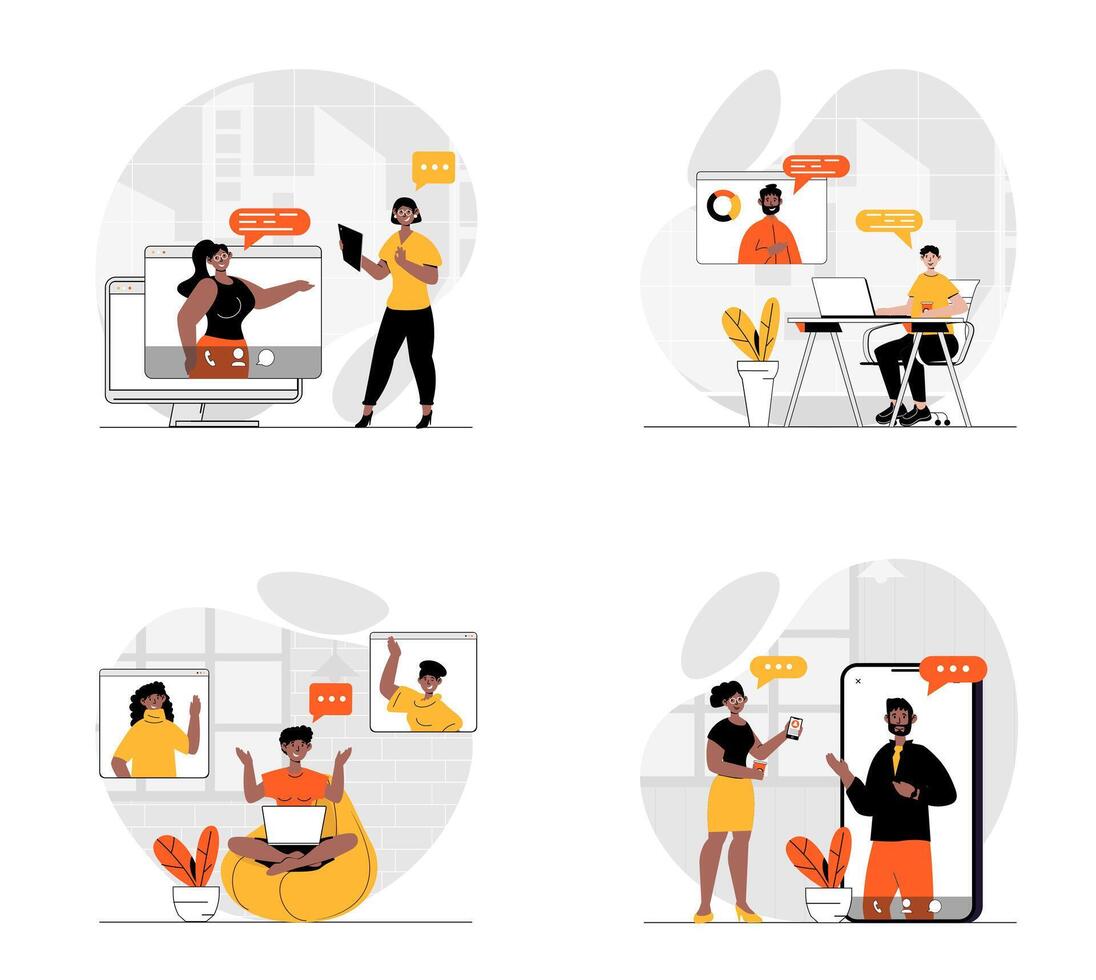 Video conference concept with character set. Collection of scenes people talking via video call, discussing work tasks, colleague connecting online by apps. Vector illustrations in flat web design