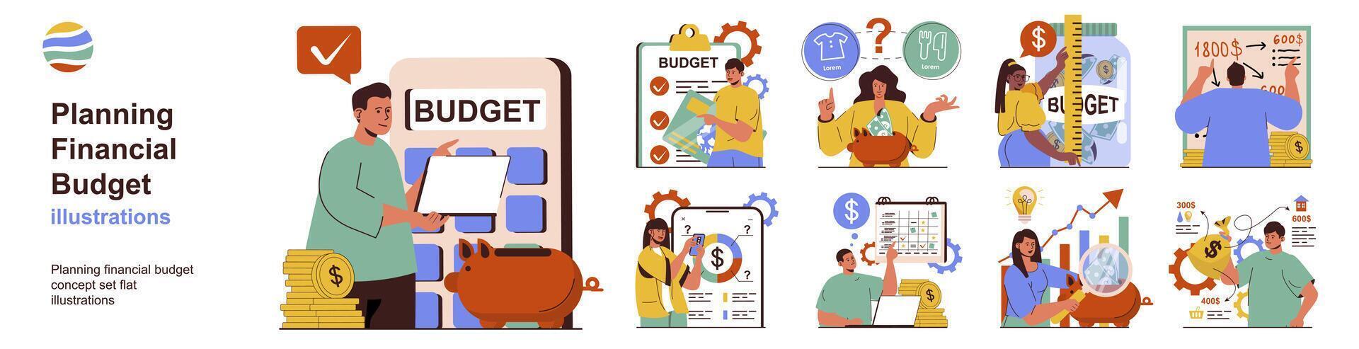 Planning financial budget concept with character situations collection. Bundle of scenes people analyze expense and income items, calculate finance in app. Vector illustrations in flat web design