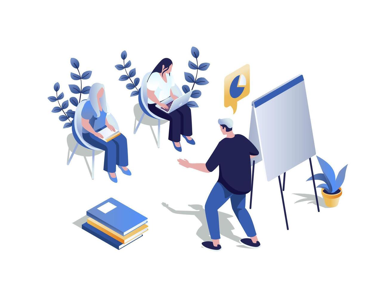 Training course concept 3d isometric web scene. People listening business coach with presentation, improve their skills and developing careers growth. Vector illustration in isometry graphic design