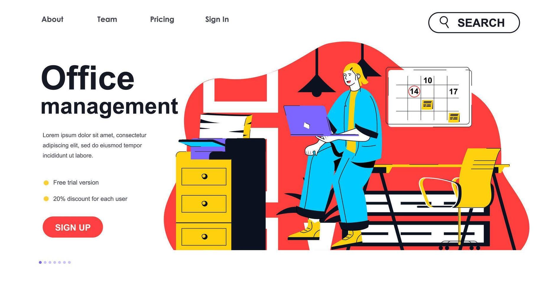 Office management concept for landing page template. Woman doing planning and organization project process. Company workflow people scene. Vector illustration with flat character design for web banner