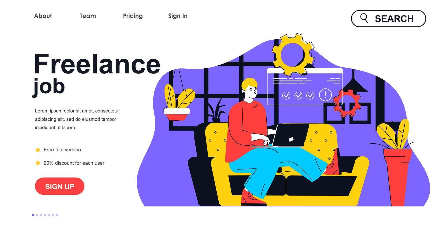 Freelance job concept for landing page template. Freelancer working online on laptop from home. Distant work and workplace people scene. Vector illustration with flat character design for web banner