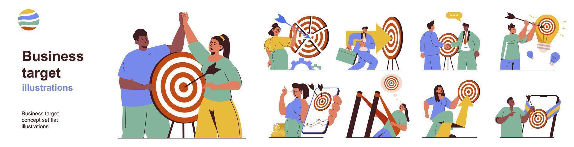 Business target concept with character situations collection. Bundle of scenes people analyze market data, hitting career target with arrow and achieve goals. Vector illustrations in flat web design