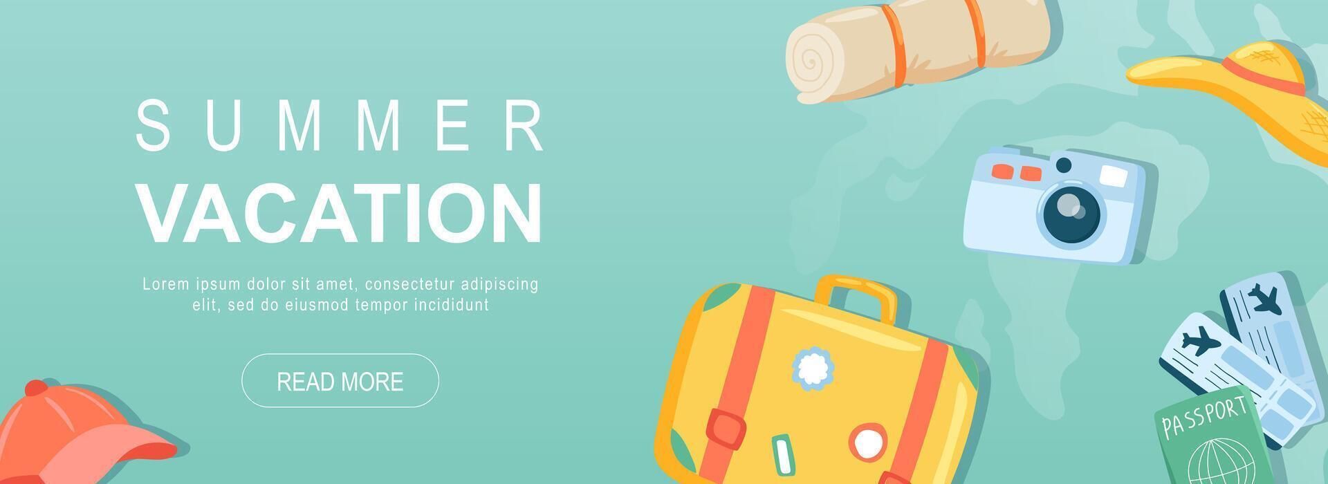 Summer vacation horizontal web banner. Cap, suitcase luggage, mat, photo camera, passport and plane tickets, travel to resort. Vector illustration for header website, cover templates in modern design