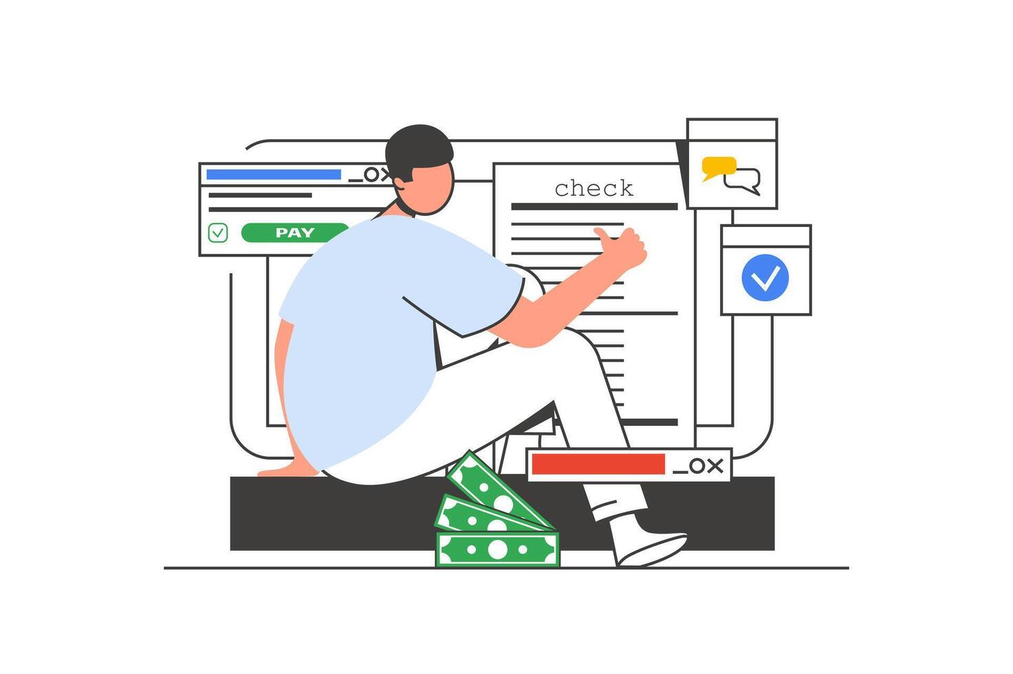 en línea pago contorno web concepto con personaje escena. hombre recibe digital cheque y hace pago. personas situación en plano línea diseño. vector ilustración para social medios de comunicación márketing material.