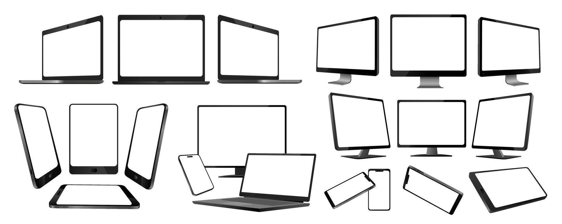 Realistic electronic devices mega set in flat graphic design. Collection elements of different mockups of laptops, widescreen tv, cellphones, computers, tablets with empty screen. Vector illustration.