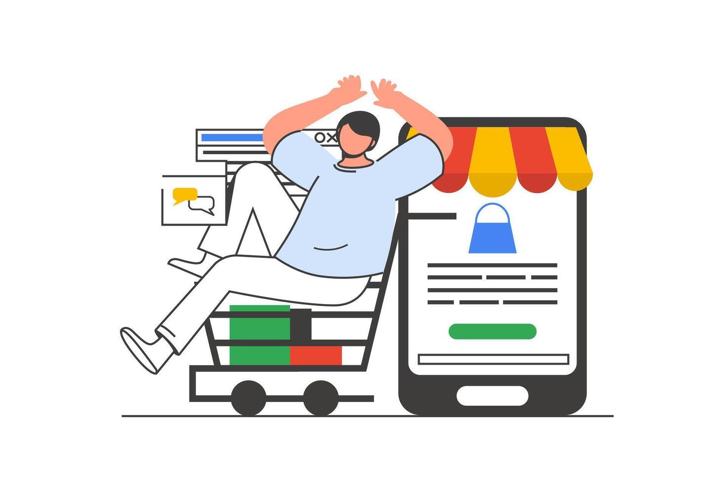 móvil comercio contorno web concepto con personaje escena. hombre haciendo en línea compras, ordenando en aplicación personas situación en plano línea diseño. vector ilustración para social medios de comunicación márketing material.