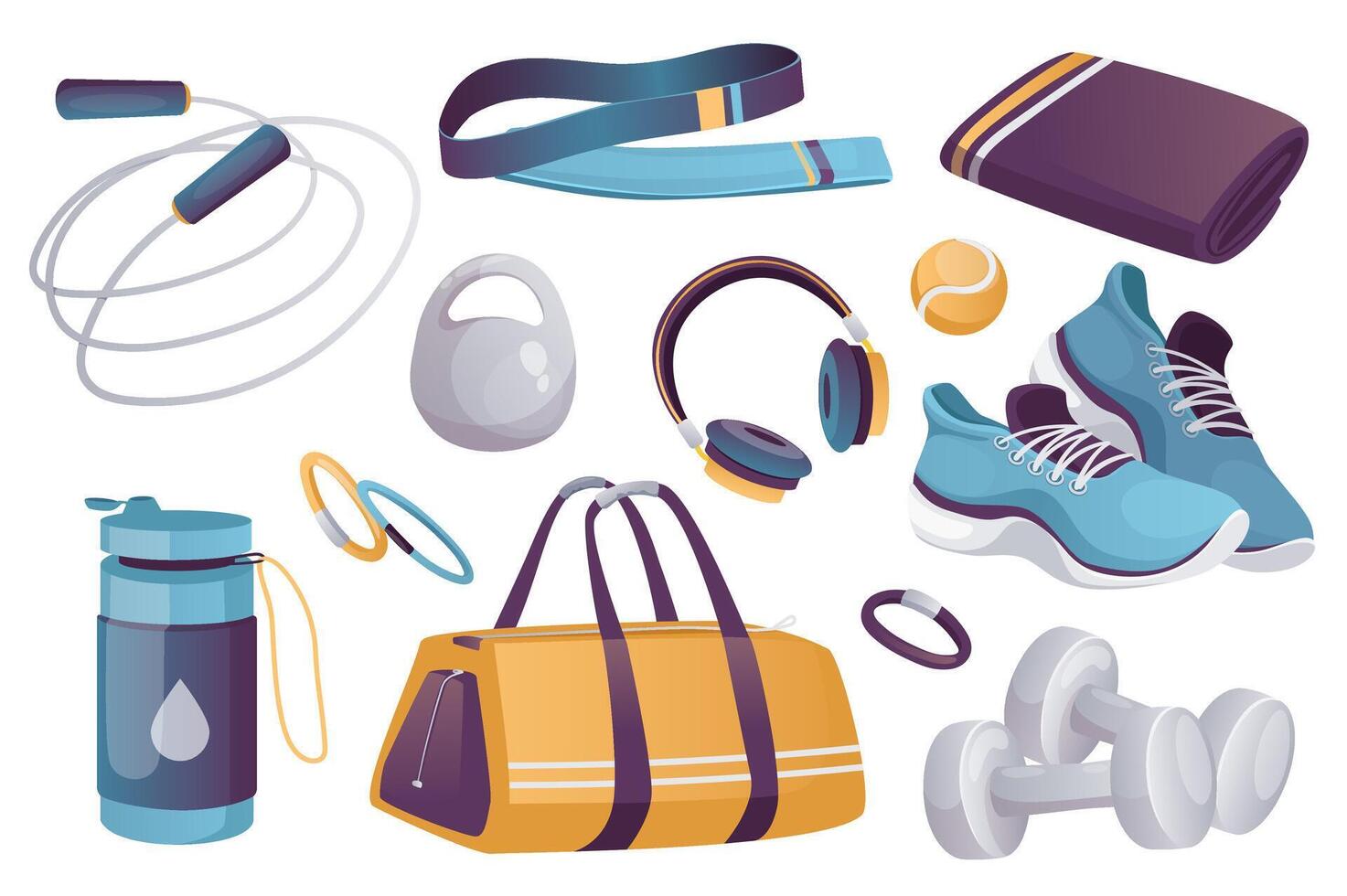 Fitness equipment set graphic elements in flat design. Bundle of jumping rope, towel, kettlebell, ball, headphones, sneakers, water bottle, bracelets and other. Vector illustration isolated objects