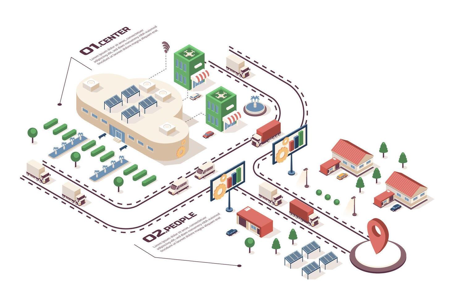 Cloud data center concept 3d isometric web infographic workflow process. Infrastructure map with database system, computing and storage technology. Vector illustration in isometry graphic design
