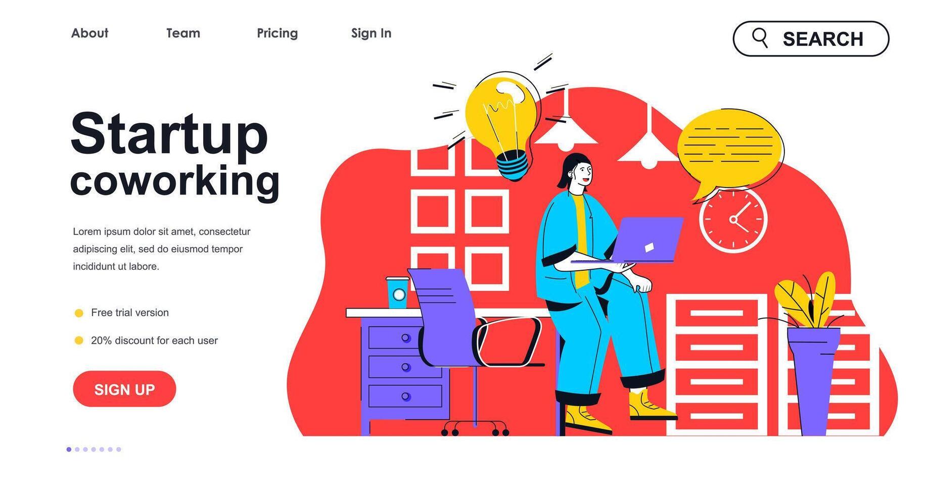Startup coworking concept for landing page template. Woman works at laptop with creative ideas. Employee in open office people scene. Vector illustration with flat character design for web banner