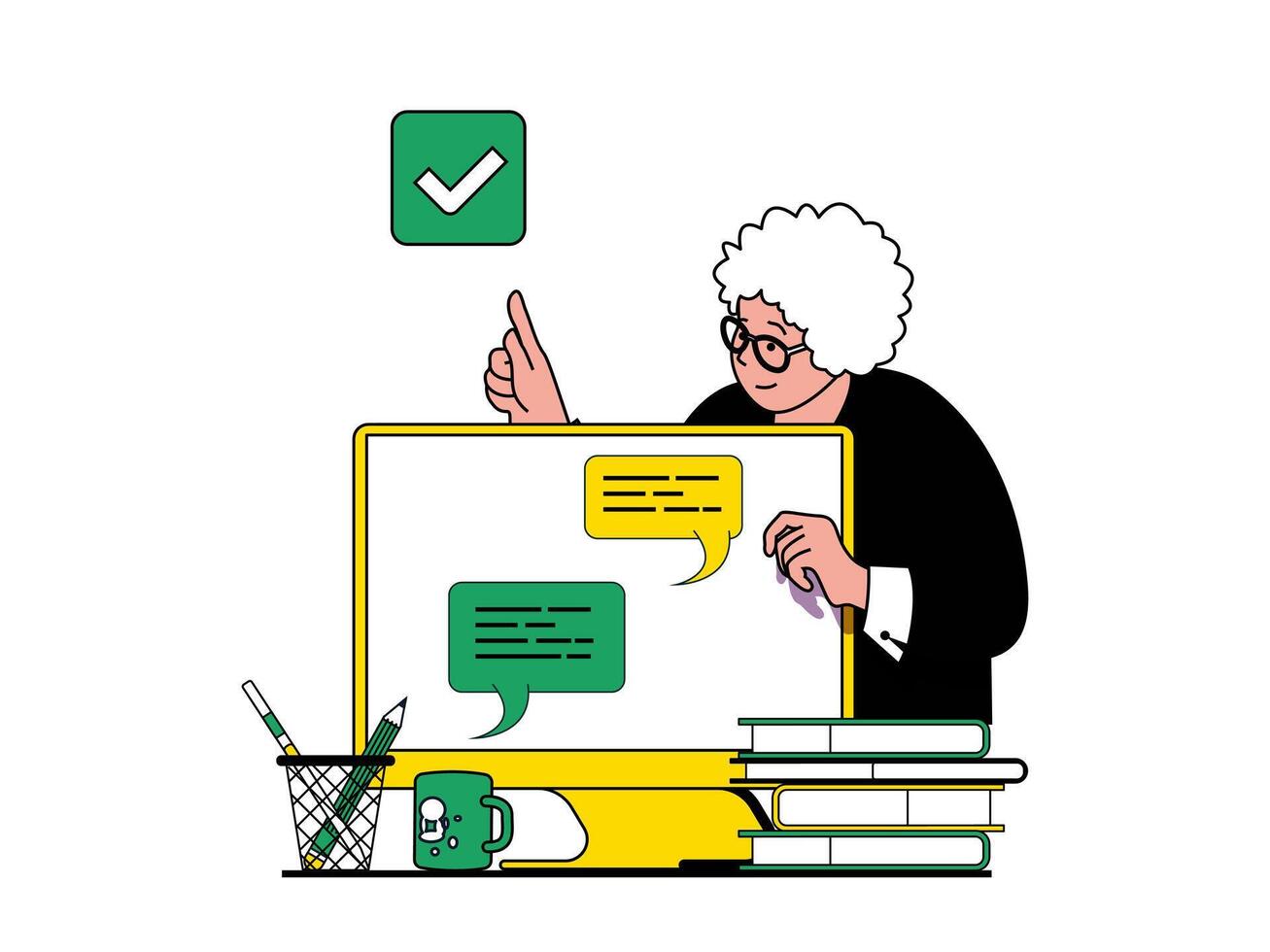 Productivity workplace concept with character situation. Woman analyzes and optimizes workflow processes, communicate with colleagues. Vector illustration with people scene in flat design for web