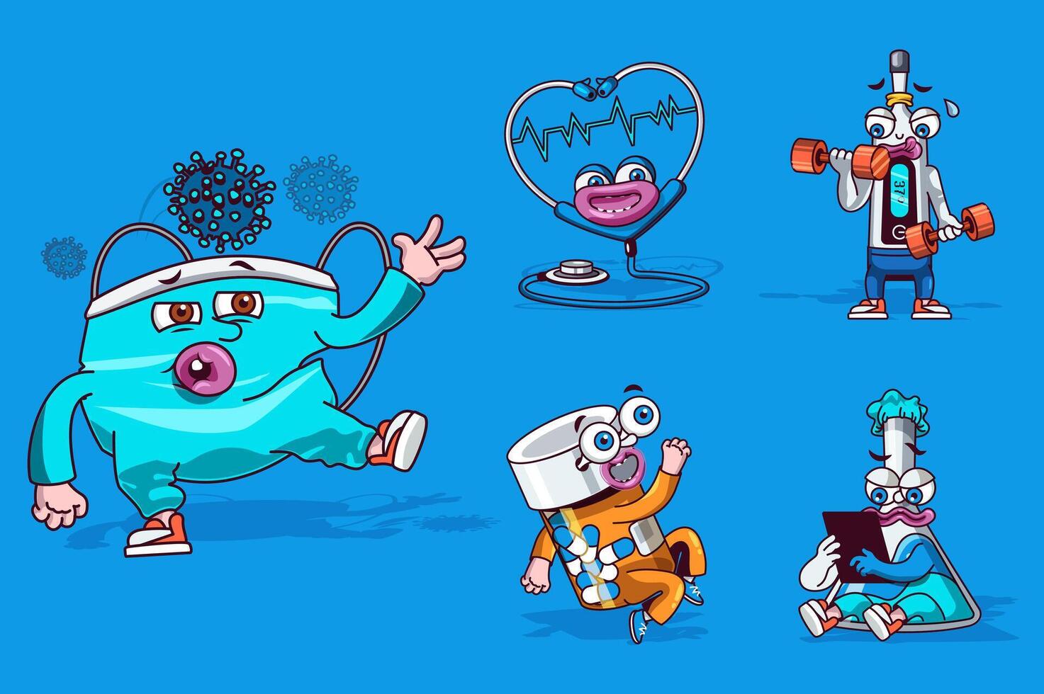 Medical tools concept with 3d cute cartoon characters set. Funny avatars of medical mask, doctor stethoscope, thermometer, jar with pills, lab flask. Vector illustration with comic mascots design