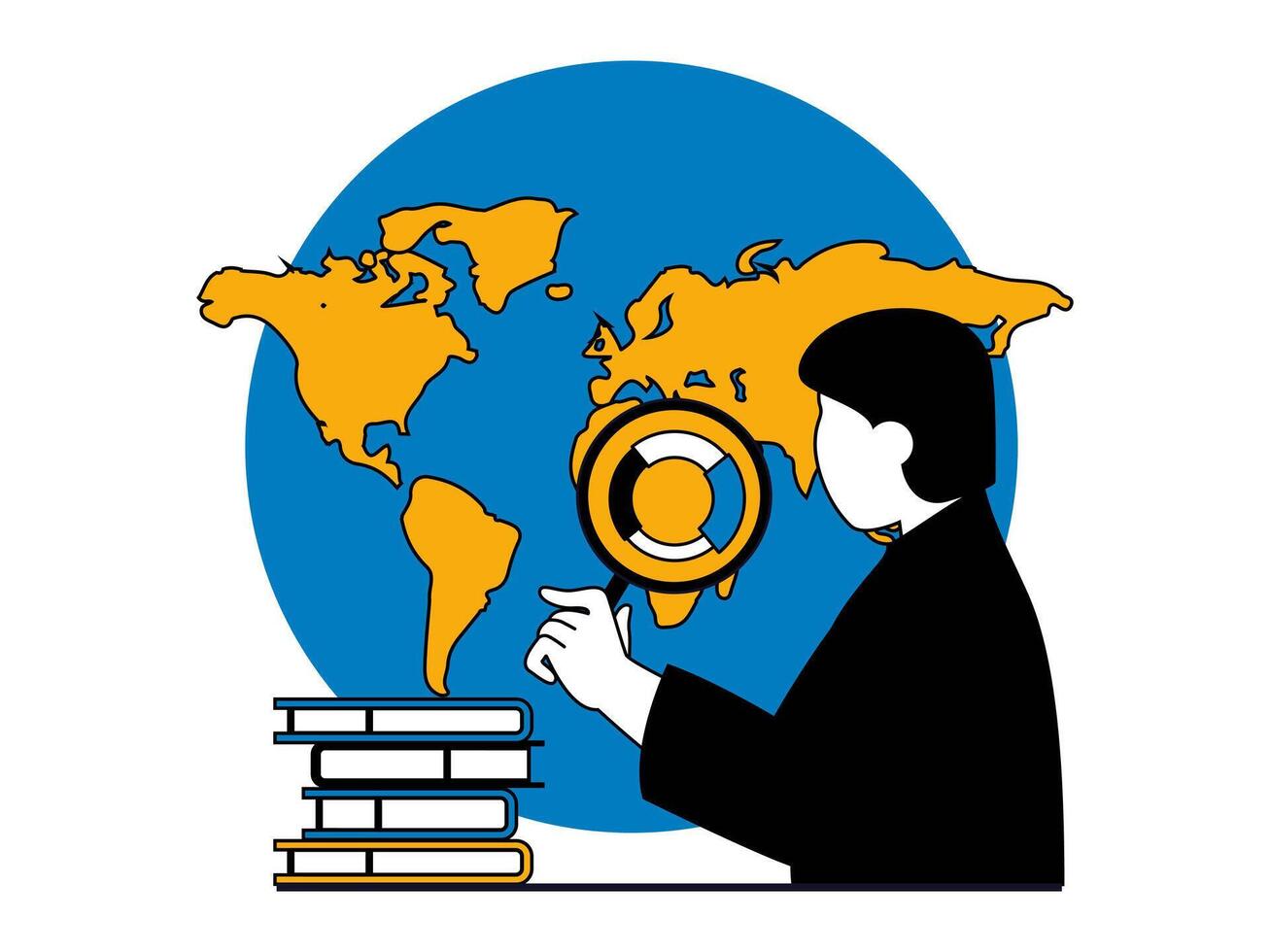 educación concepto con personaje situación. estudiante estudios mapa de mundo y ganancias conocimiento desde libros, prepara para geografía lección. vector ilustraciones con personas escena en plano diseño para web