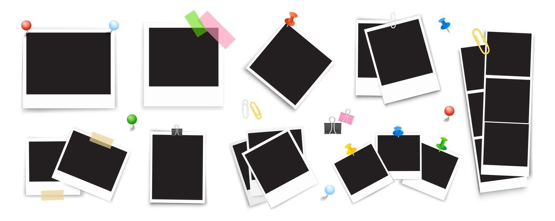 Photo frames mockup mega set in flat graphic design. Collection elements of different empty photography square templates with pins or adhesive tapes for memory gallery and album. Vector illustration.