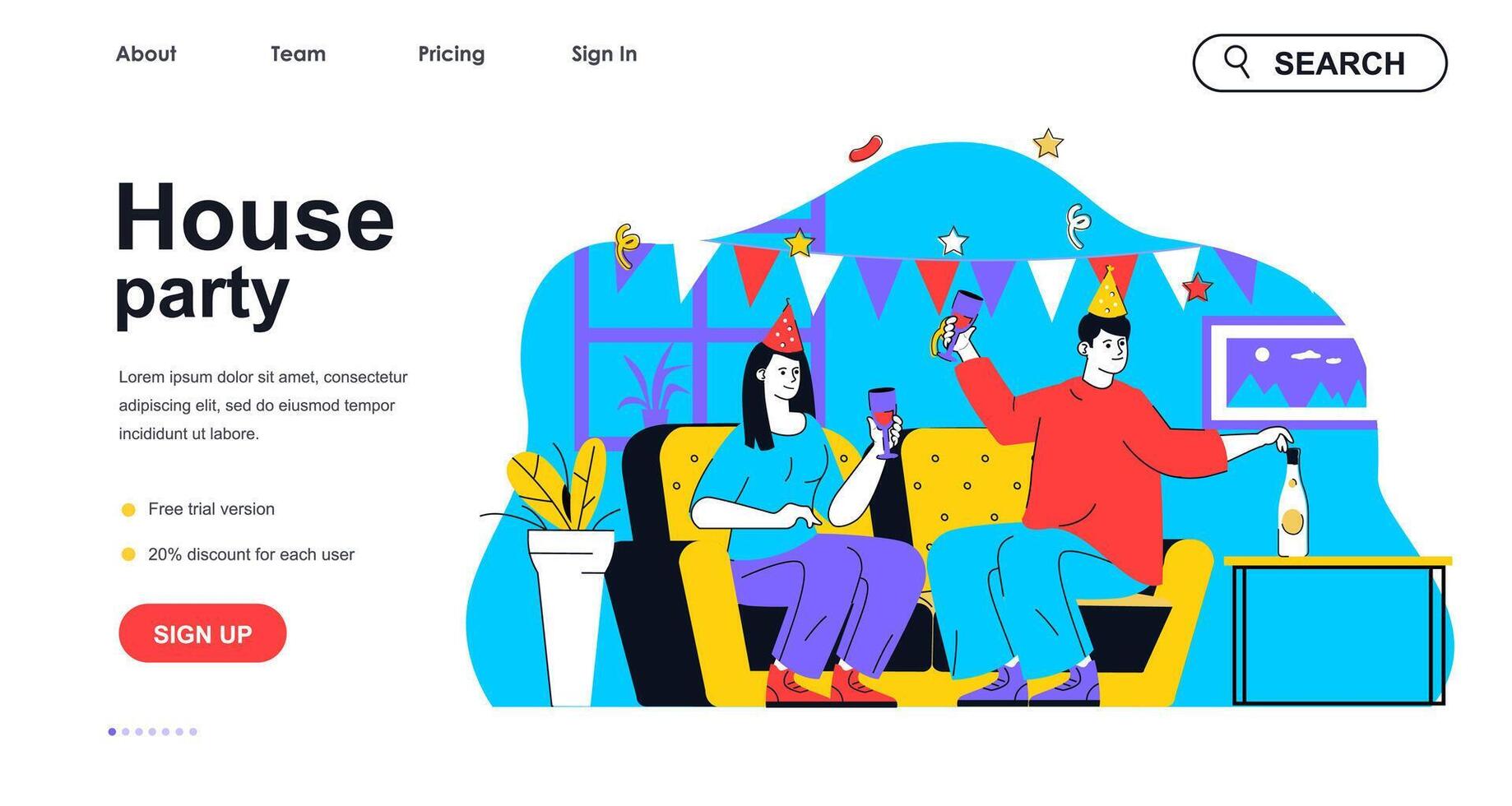 House party concept for landing page template. Man and woman celebrating birthday, drinking and having fun. Holiday event people scene. Vector illustration with flat character design for web banner