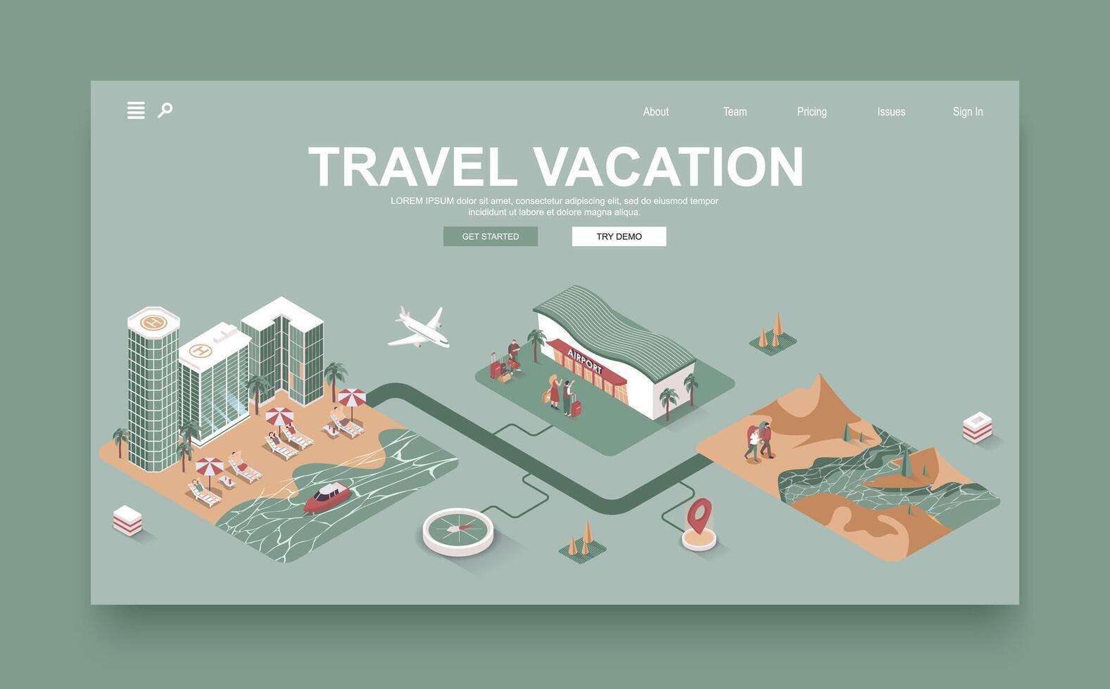 viaje vacaciones concepto 3d isométrica aterrizaje página modelo. personas libro avión Entradas y hotel habitaciones, relajarse en playa o excursionismo en montañas. vector ilustración en isometria gráfico diseño.