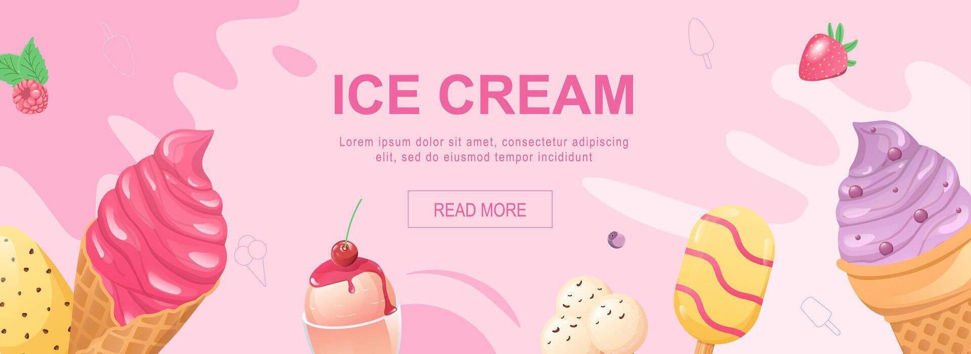 Ice cream horizontal web banner. Colored sweet cold desserts in waffle cups, ice lolly and gelato with topping and berries. Vector illustration for header website, cover templates in modern design