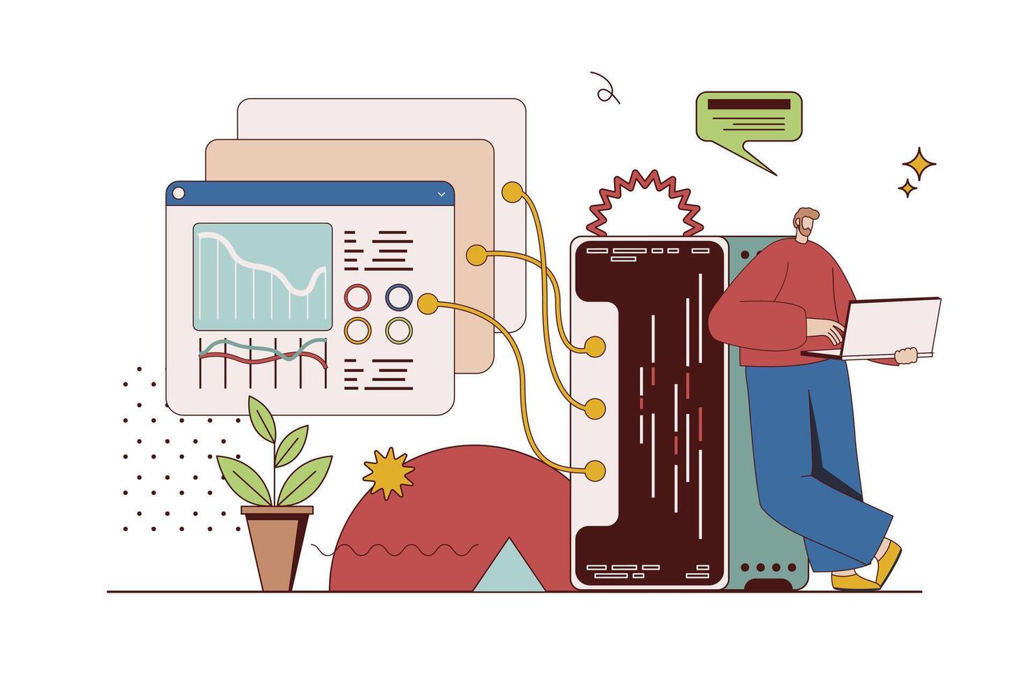 Hosting provider concept with character situation in flat design. Man works in technical support, maintains and monitors hardware equipment on laptop. Vector illustration with people scene for web
