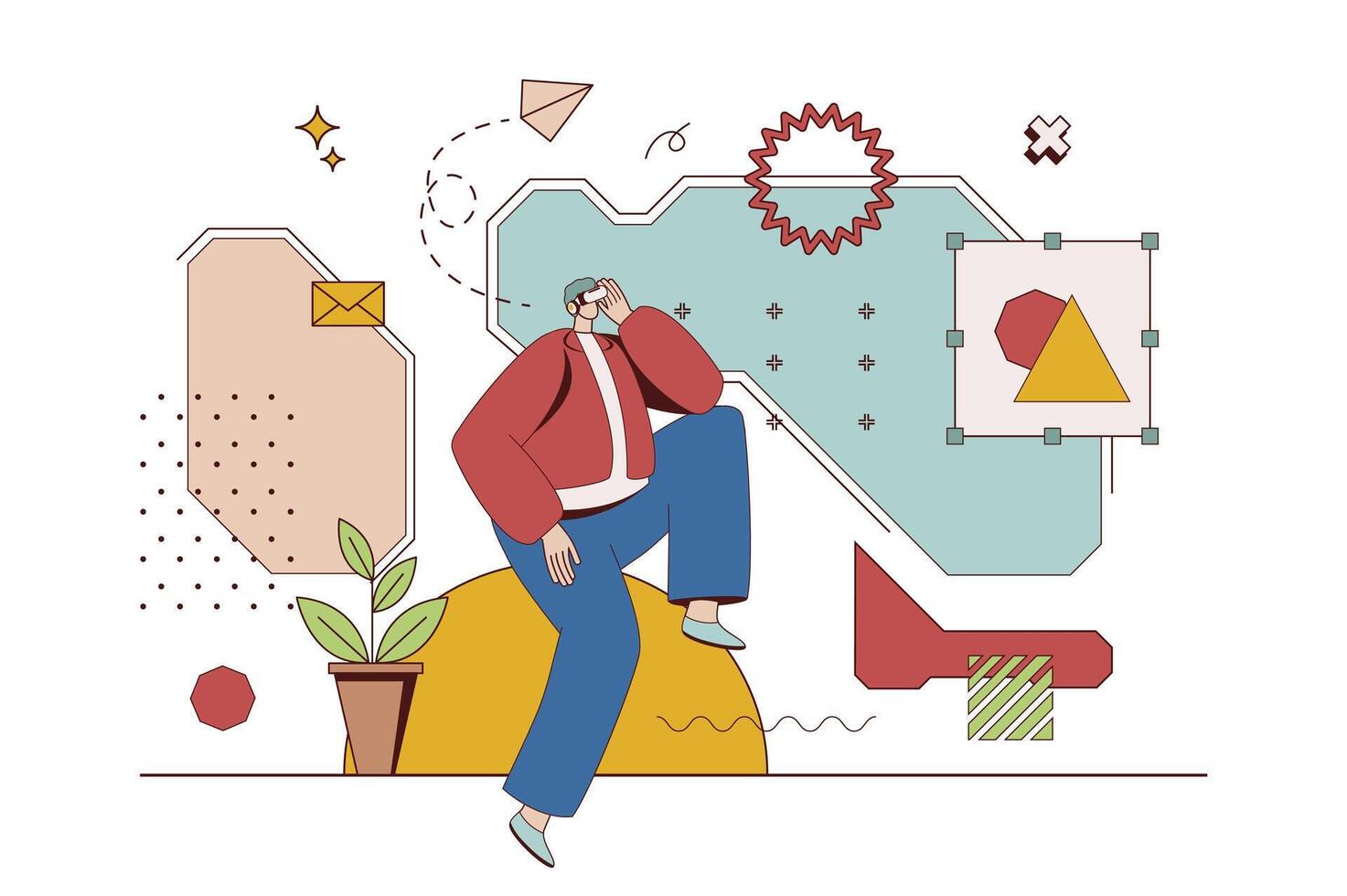 Cyberspace concept with character situation in flat design. Man in VR headset interacting with virtual augmented reality or gaming in cyber simulation. Vector illustration with people scene for web