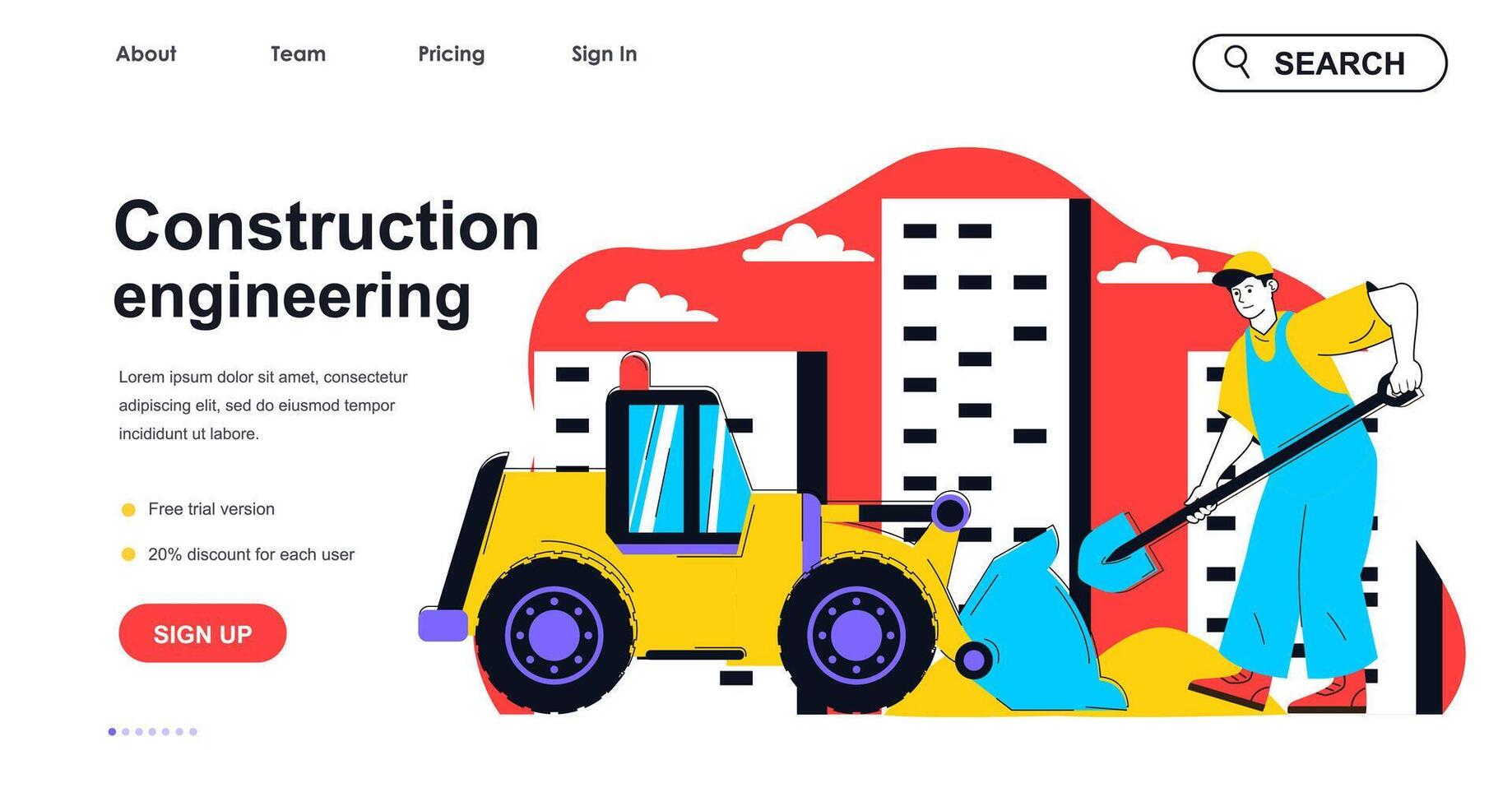 Construction engineering concept for landing page template. Builder with shovel working with bulldozer. Real estate business people scene. Vector illustration with flat character design for web banner
