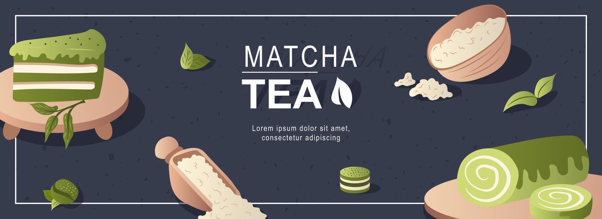 Matcha tea horizontal web banner. Green cake, powder in scoop and bowl, rolls, leaves of traditional japanese healthy drink. Vector illustration for header website, cover templates in modern design