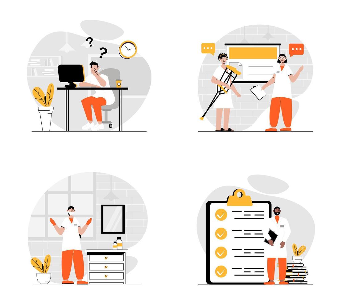 Medicine concept with character set. Collection of scenes people works as doctor and nurses, doing online consults, diagnose patients and prescribe treatment. Vector illustrations in flat web design