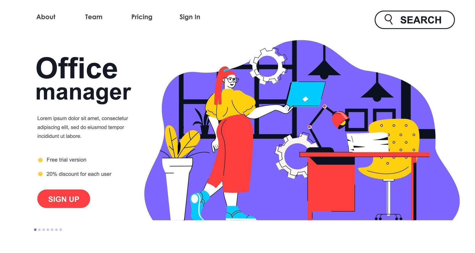Office manager concept for landing page template. Woman working on laptop, maintains working conditions. Company workflow people scene. Vector illustration with flat character design for web banner