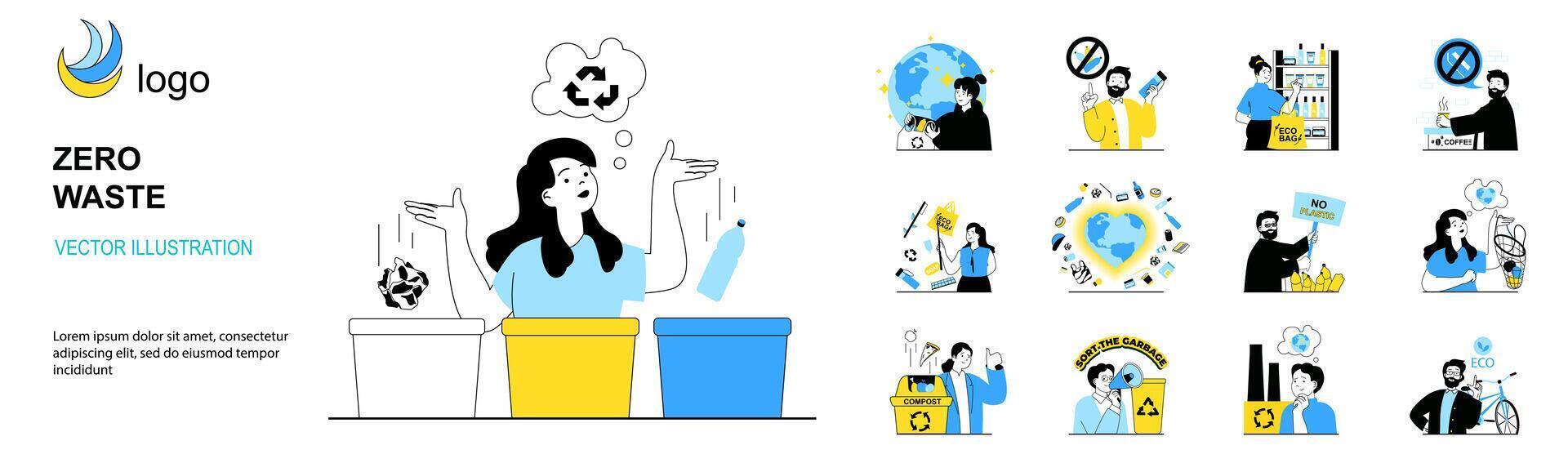 Zero waste concept with character situations collection. Bundle of scenes people lead eco friendly lifestyle, take care of environment, do not use plastic. Vector illustrations in flat web design
