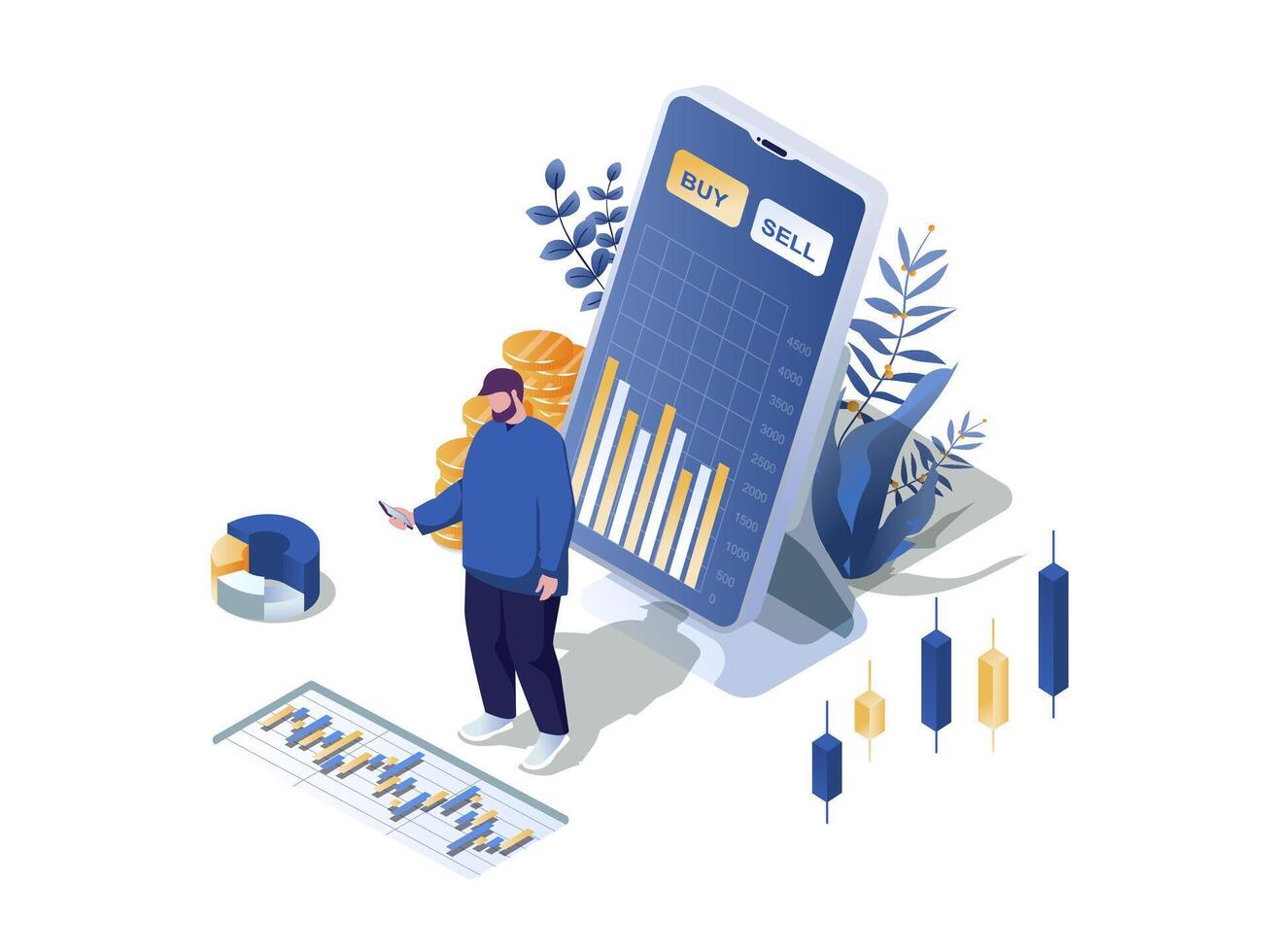 Investing via mobile phone concept 3d isometric web scene. People making investments using smartphone apps, analizing trend market for buys or sells. Vector illustration in isometry graphic design
