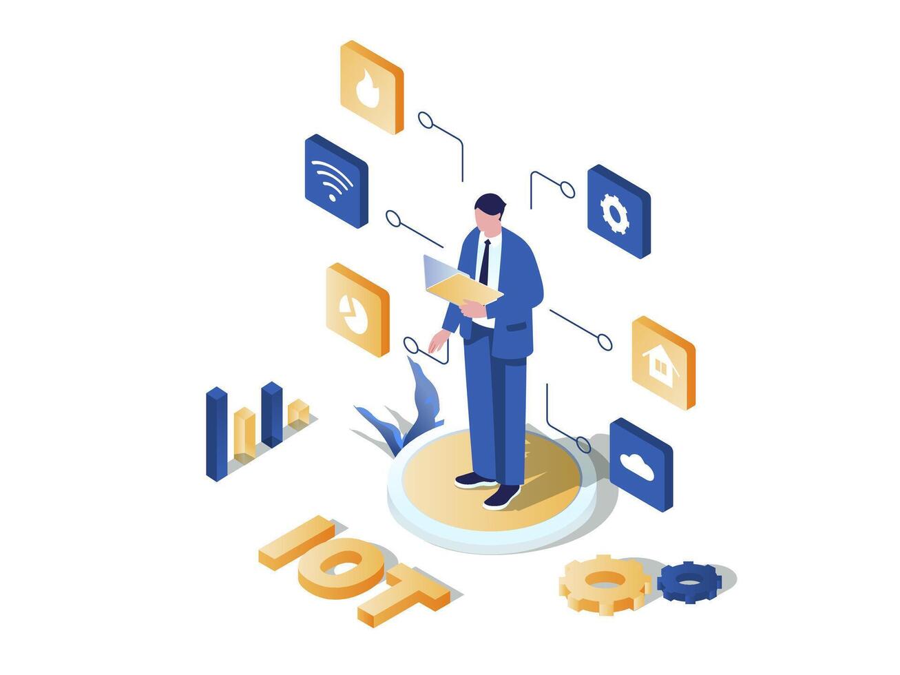 IOT analytics concept 3d isometric web scene. People working with data collected from different IOT devices, using database and cloud processing data. Vector illustration in isometry graphic design