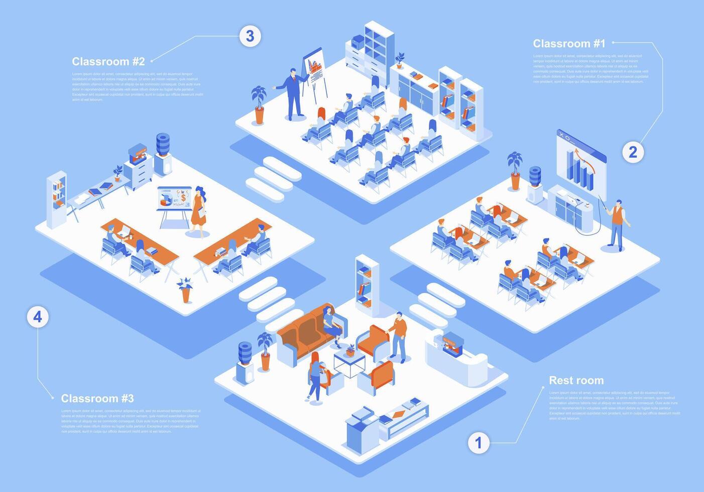 Business training concept 3d isometric web scene with infographic. People working in classrooms, team at meeting listening teacher in conference room. Vector illustration in isometry graphic design