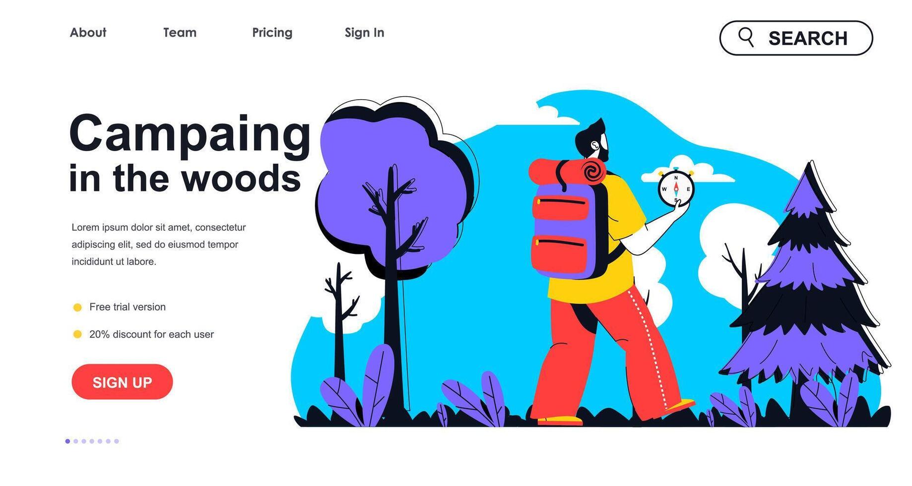 Camping in woods concept for landing page template. Man with backpack and compass goes on hike at forest. Outdoor activity people scene. Vector illustration with flat character design for web banner