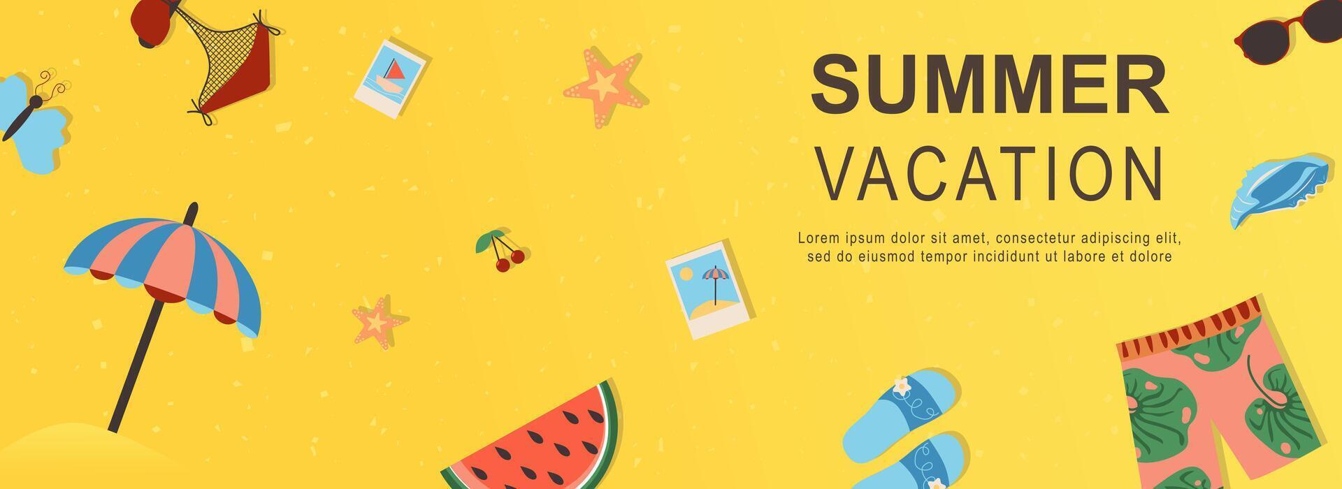 Summer vacation horizontal web banner. Swimsuit, umbrella, watermelon, photo, flip flops, shorts, sunglasses, travel to resort. Vector illustration for header website, cover templates in modern design
