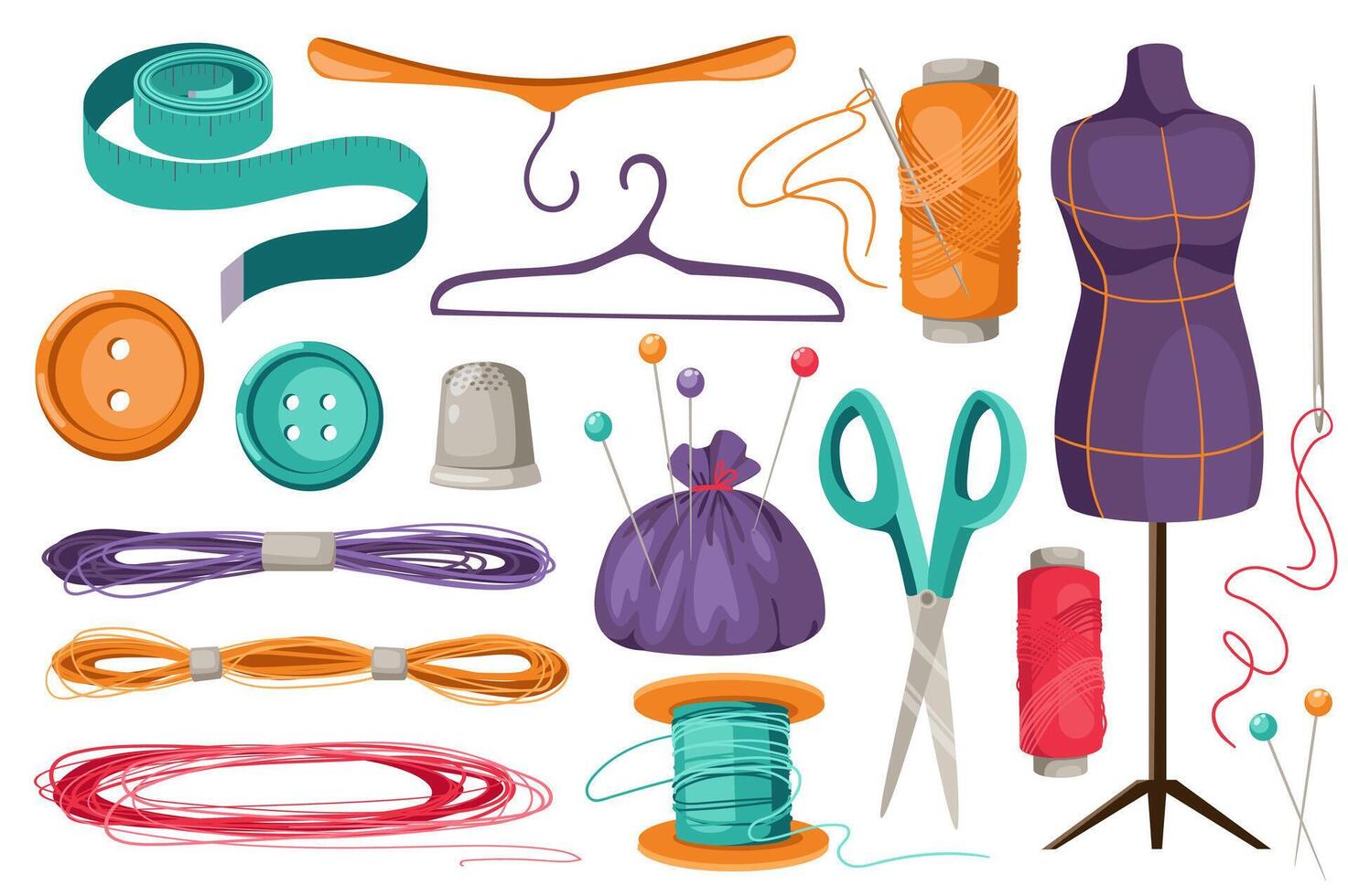 Sewing tools set graphic elements in flat design. Bundle of measuring tape, hangers, spool thread, needles, mannequin, buttons, thimble, pins, scissors and other. Vector illustration isolated objects