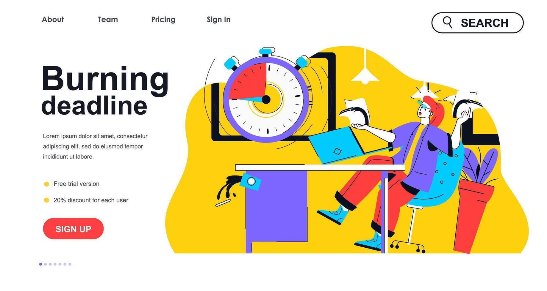 Burning deadline concept for landing page template. Angry woman does not complete work task. Office stress, time management people scene. Vector illustration with flat character design for web banner