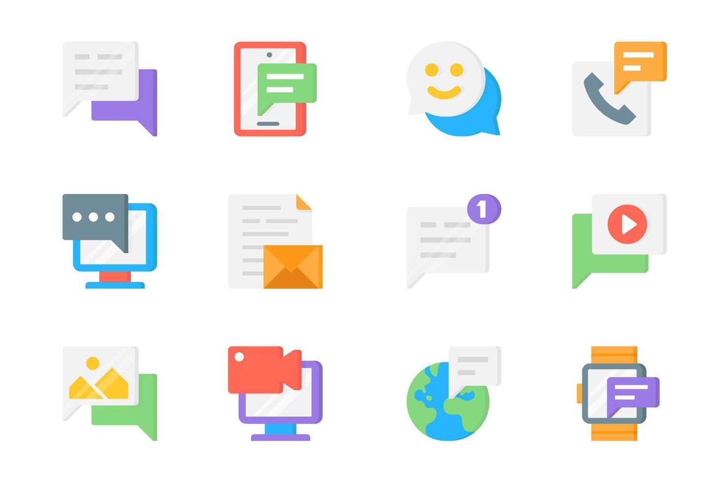 Communication 3d icons set. Pack flat pictograms of chat, message bubble, emoticon, call, computer, email, letter, new notification, video and other. Vector elements for mobile app and web design