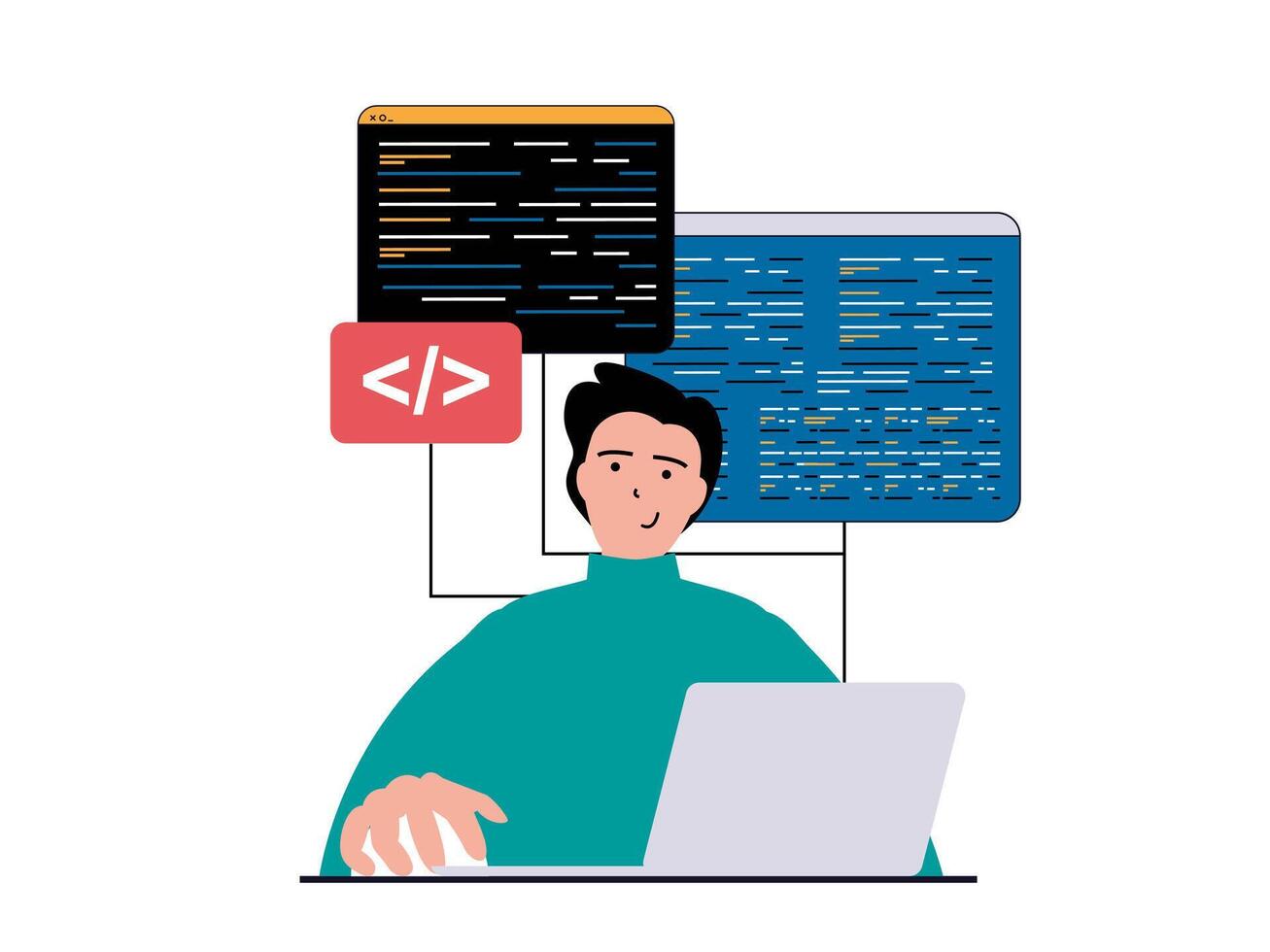 programación software concepto con personaje situación. hombre trabajando con programa código a computadora portátil, pruebas guiones y Ingenieria proceso. vector ilustración con personas escena en plano diseño para web