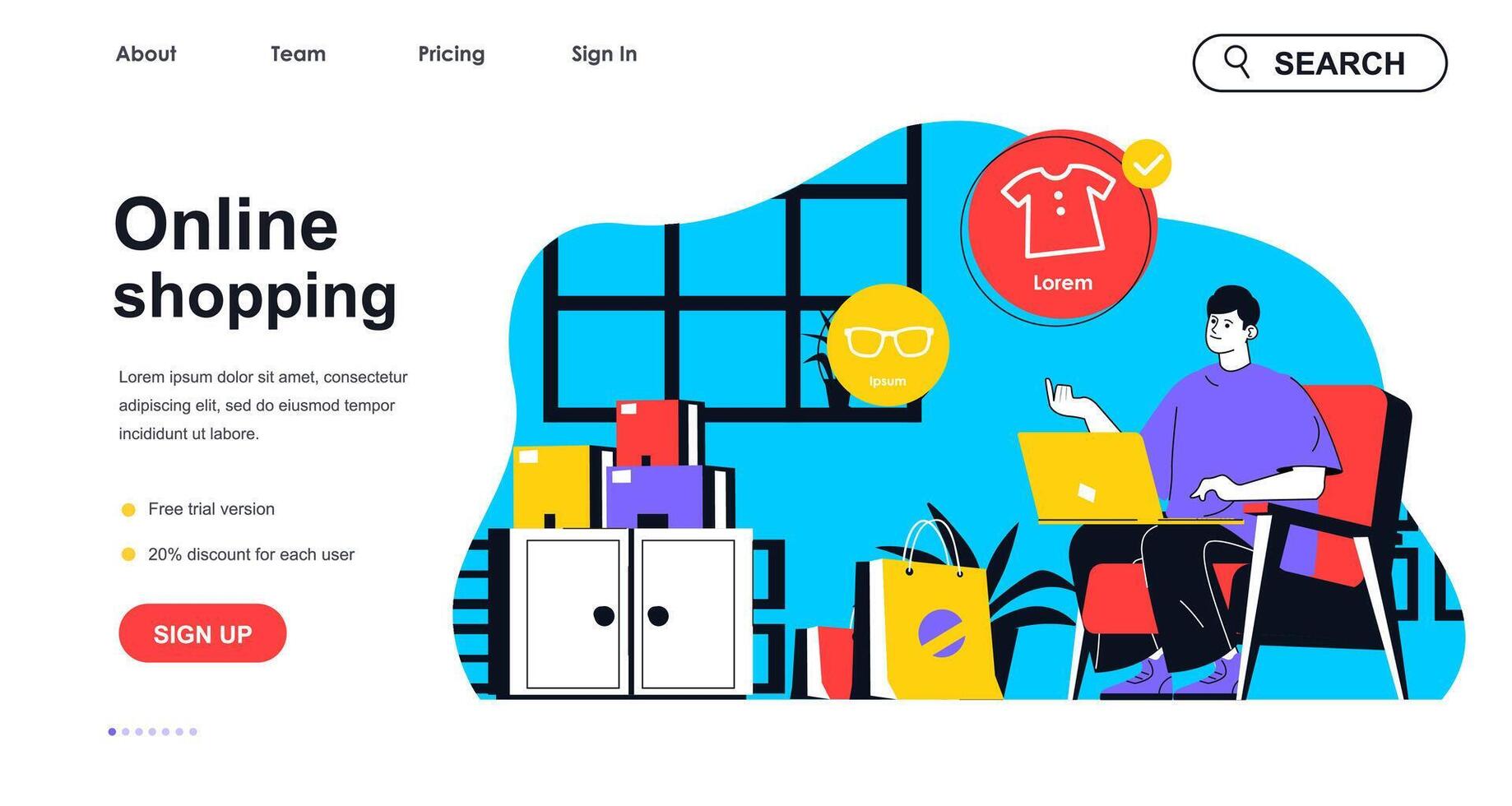 Online shopping concept for landing page template. Customer choosing goods and makes purchases using laptop. E-commerce people scene. Vector illustration with flat character design for web banner