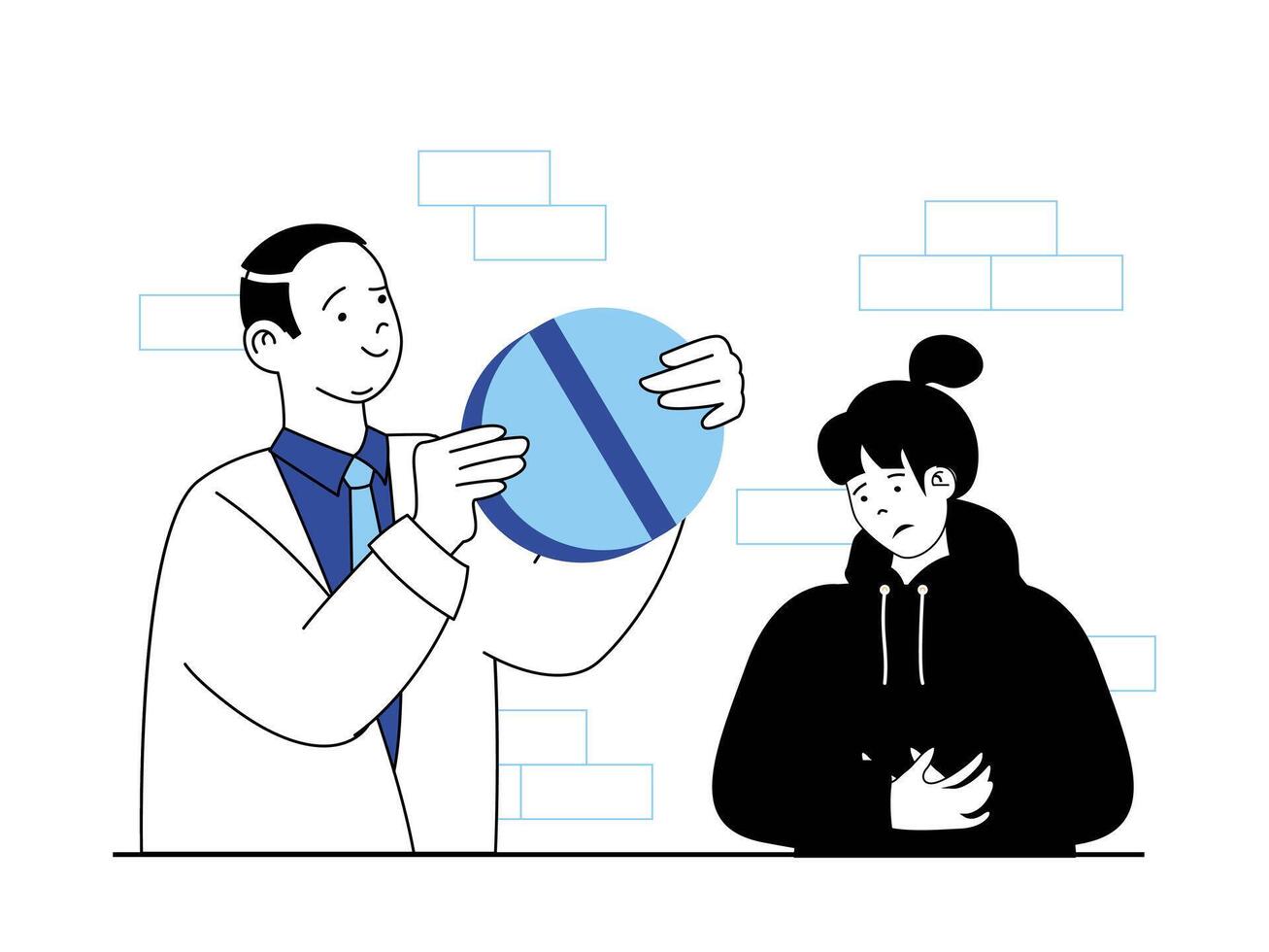 Medical concept with character situation. Doctor holds pill and prescribes treatment to sick patient. Woman visits therapist at clinic. Vector illustration with people scene in flat design for web