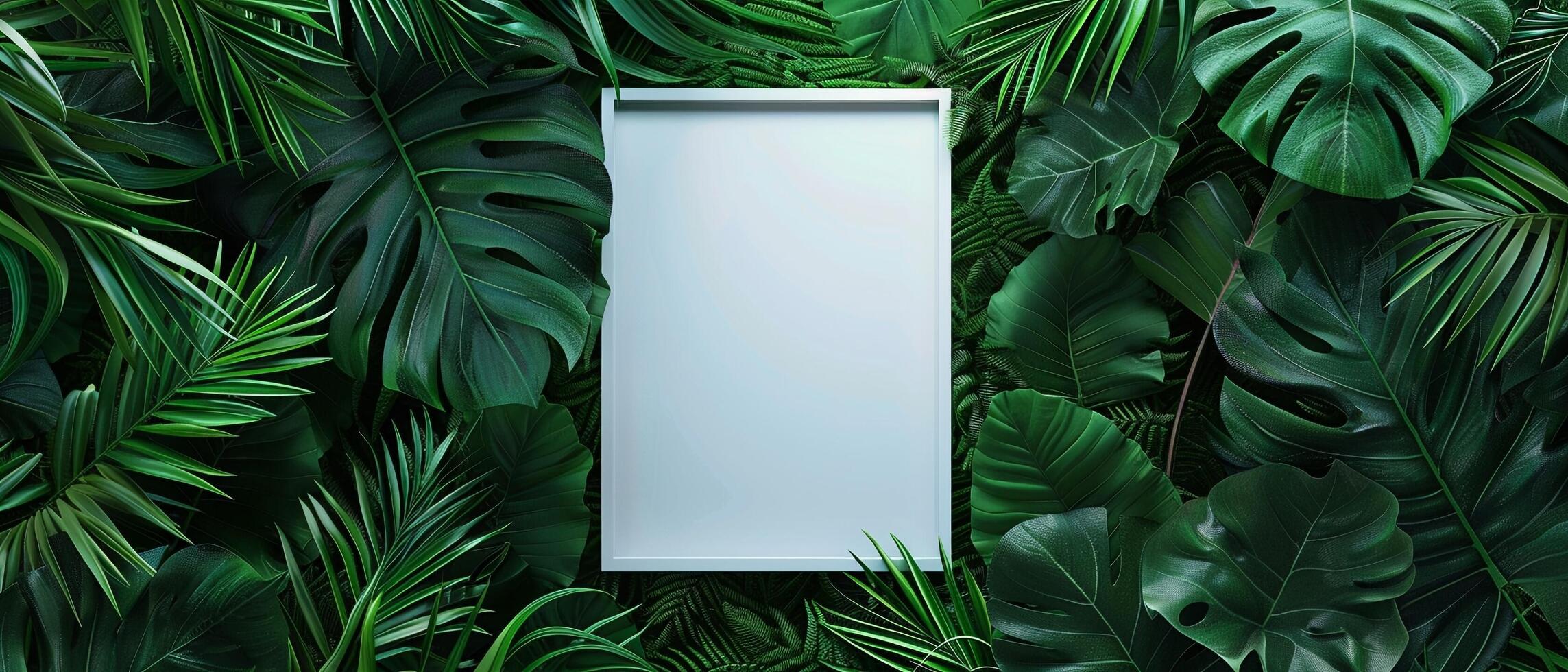 AI generated A blank frame mockup surrounded by lush tropical green leaves photo